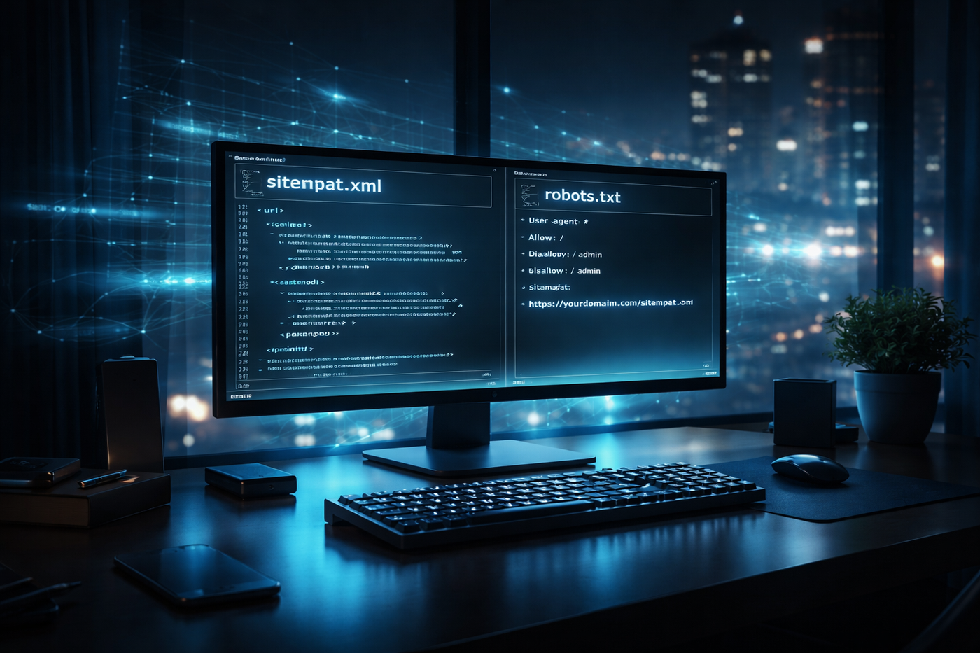 Developer workspace showing sitemap.xml and robots.txt code on a monitor representing website indexing and SEO configuration.