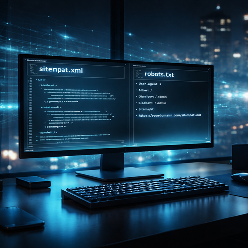 Developer workspace showing sitemap.xml and robots.txt code on a monitor representing website indexing and SEO configuration.